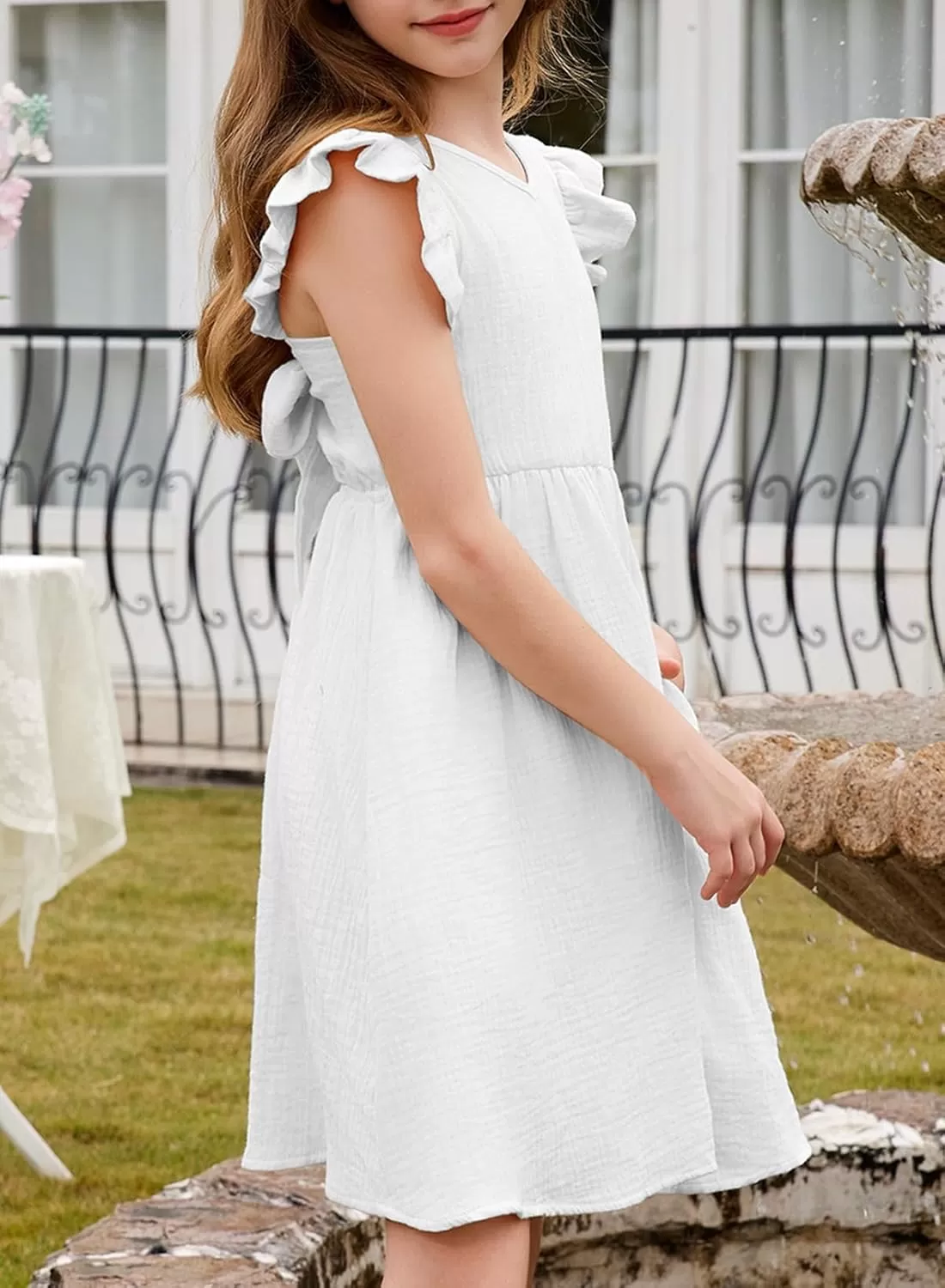 imageblibean Tween Girls 2025 Summer Cotton Dresses Kids Tie Back Sundress Size 615 YearsA White