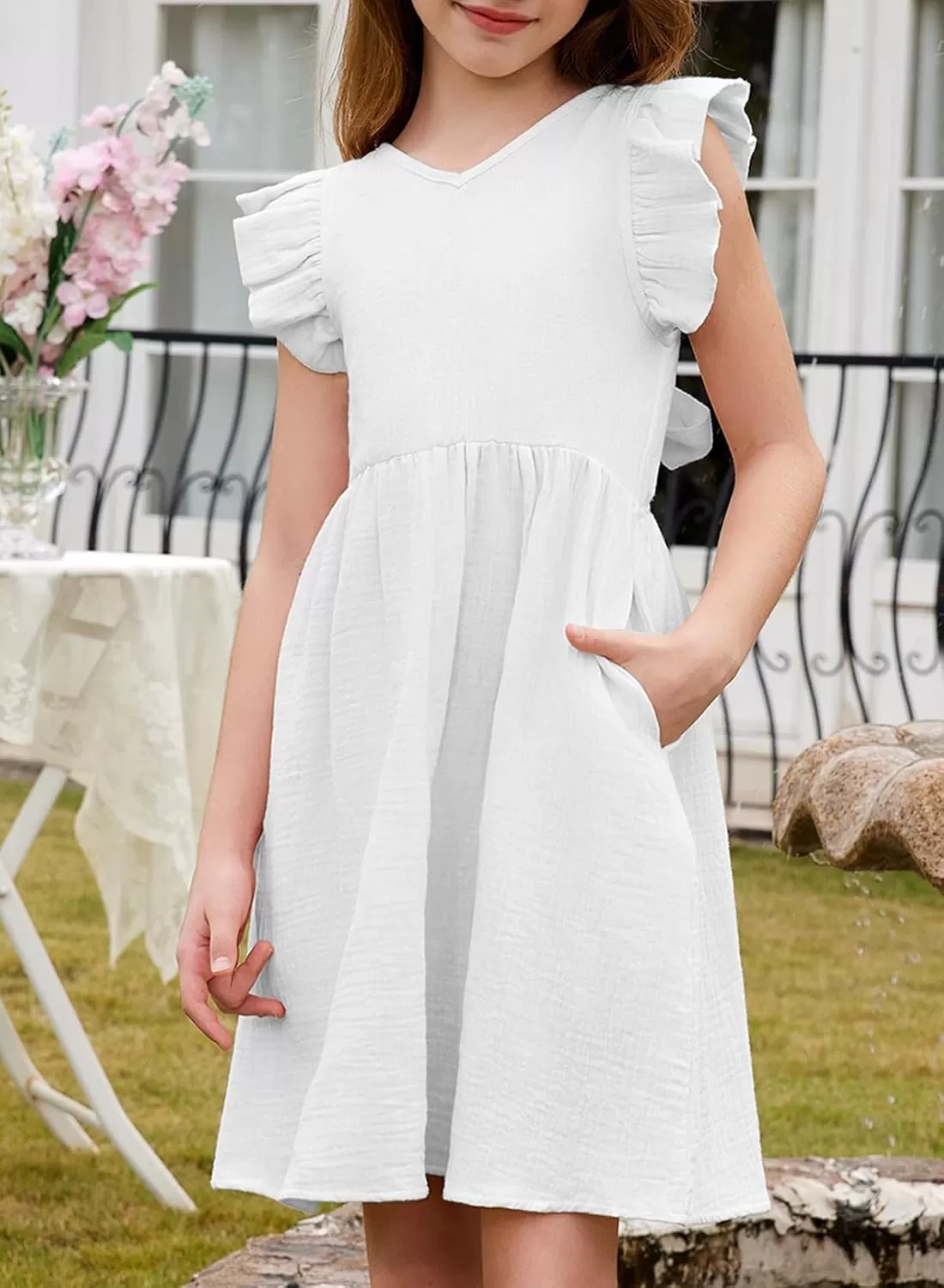 imageblibean Tween Girls 2025 Summer Cotton Dresses Kids Tie Back Sundress Size 615 YearsA White