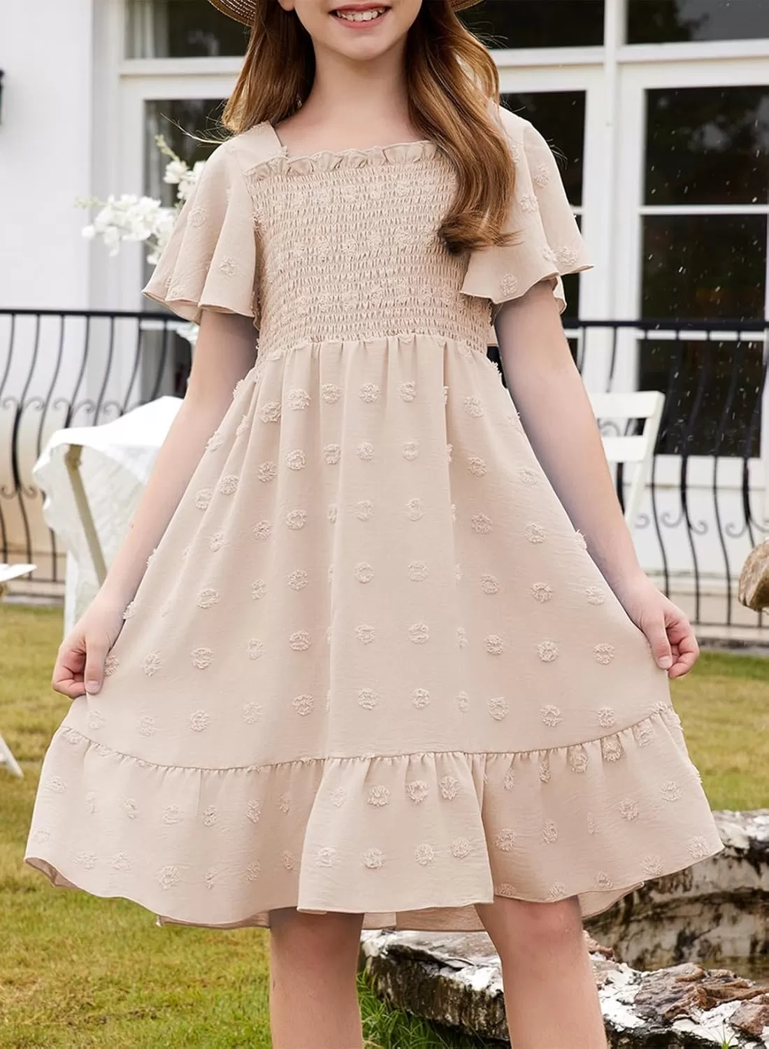 imageblibean Tween Girls 2025 Summer Dresses Kids Chiffon Dress Size 615 YearsA Beige