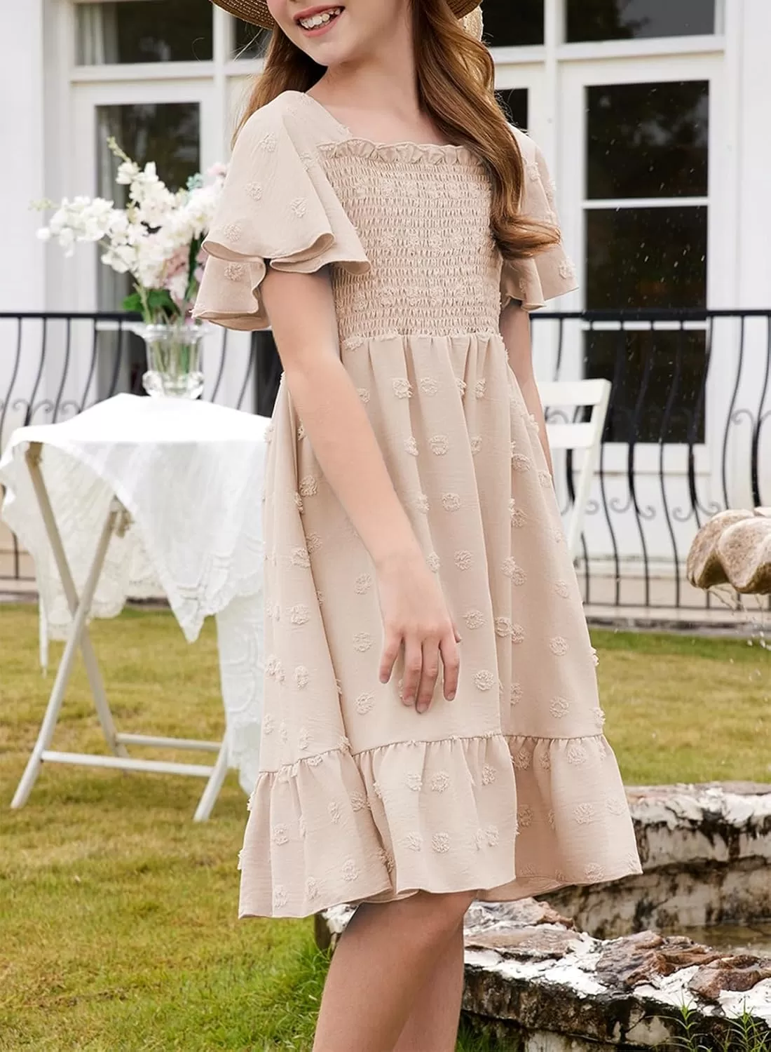 imageblibean Tween Girls 2025 Summer Dresses Kids Chiffon Dress Size 615 YearsA Beige