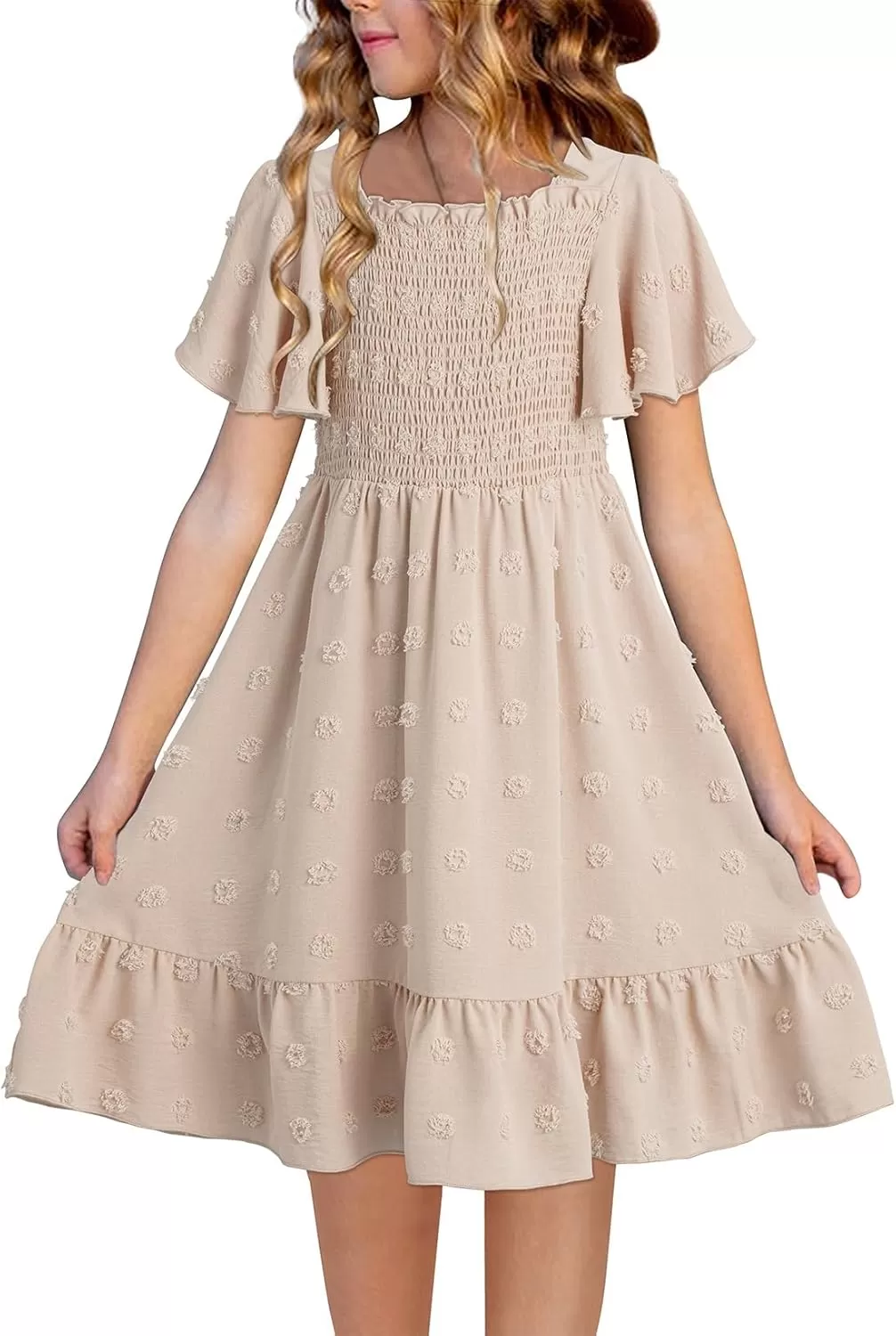 imageblibean Tween Girls 2025 Summer Dresses Kids Chiffon Dress Size 615 YearsA Beige