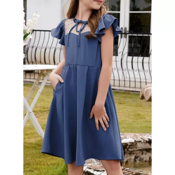 imageblibean Girls 2025 Summer Dress Kids Mesh Ruffled Pockets Dresses Size 615 YearsA Dark Blue