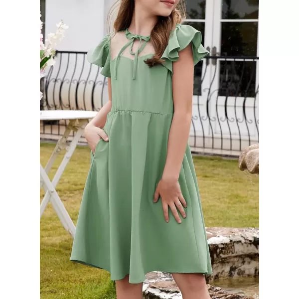 imageblibean Girls 2025 Summer Dress Kids Mesh Ruffled Pockets Dresses Size 615 YearsA Green