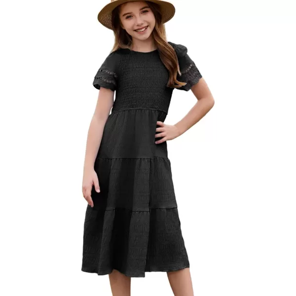 imageblibean Girls Embroidery Short Sleeve Textured Dresses Size 615 YearsBlack