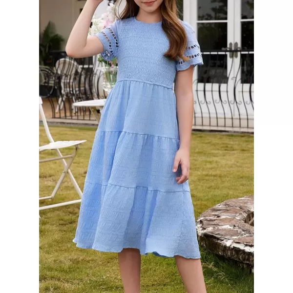 imageblibean Girls Embroidery Short Sleeve Textured Dresses Size 615 YearsLight Blue