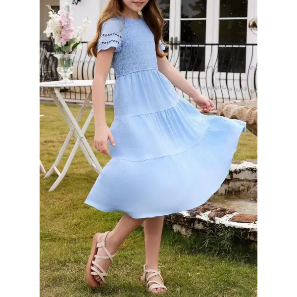 imageblibean Girls Embroidery Short Sleeve Textured Dresses Size 615 YearsLight Blue