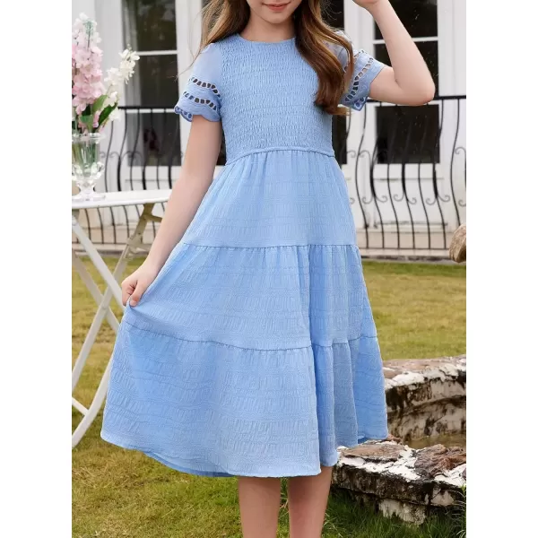 imageblibean Girls Embroidery Short Sleeve Textured Dresses Size 615 YearsLight Blue