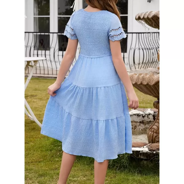 imageblibean Girls Embroidery Short Sleeve Textured Dresses Size 615 YearsLight Blue