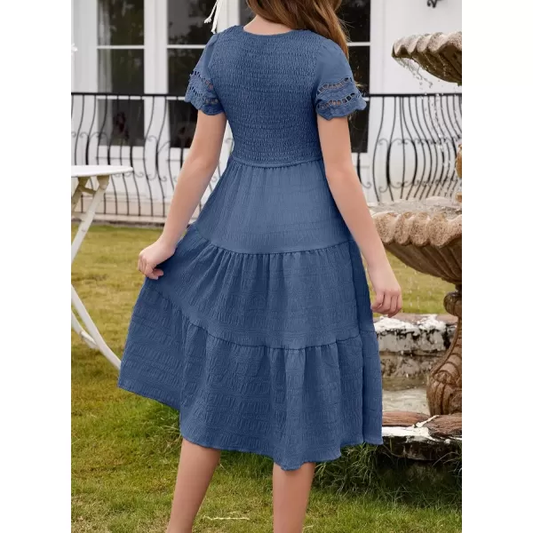 imageblibean Girls Embroidery Short Sleeve Textured Dresses Size 615 YearsNavy Blue