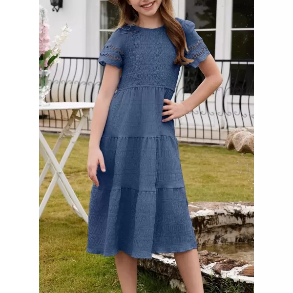 imageblibean Girls Embroidery Short Sleeve Textured Dresses Size 615 YearsNavy Blue