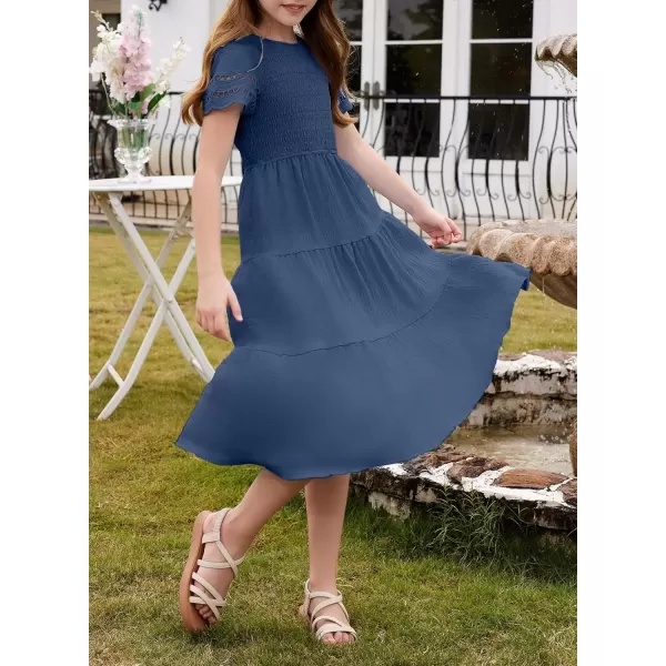 imageblibean Girls Embroidery Short Sleeve Textured Dresses Size 615 YearsNavy Blue
