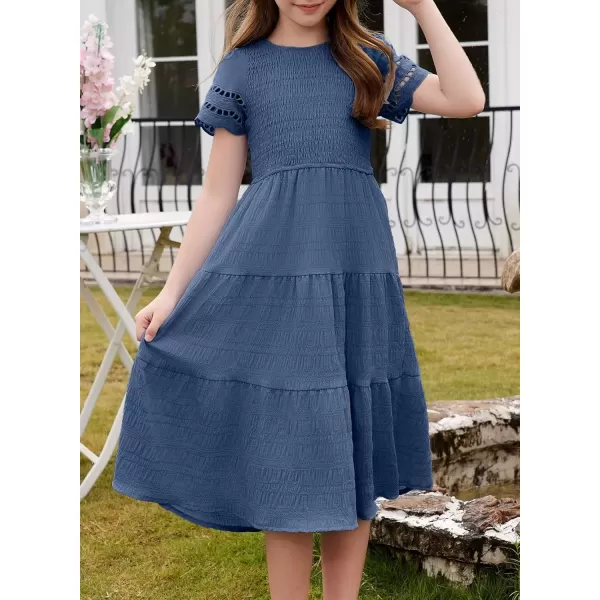 imageblibean Girls Embroidery Short Sleeve Textured Dresses Size 615 YearsNavy Blue