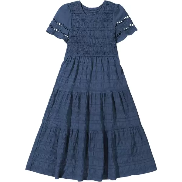 imageblibean Girls Embroidery Short Sleeve Textured Dresses Size 615 YearsNavy Blue
