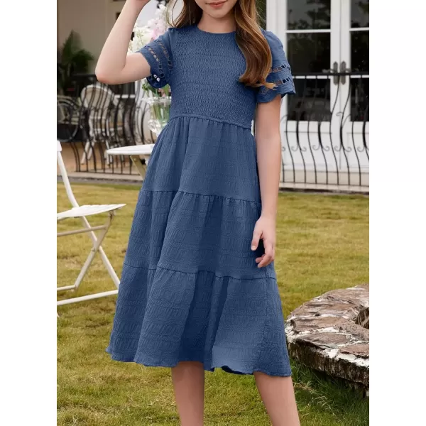 imageblibean Girls Embroidery Short Sleeve Textured Dresses Size 615 YearsNavy Blue