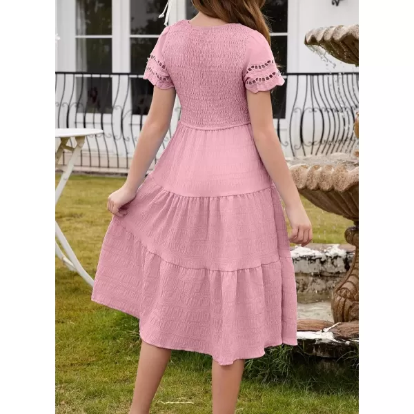 imageblibean Girls Embroidery Short Sleeve Textured Dresses Size 615 YearsPink