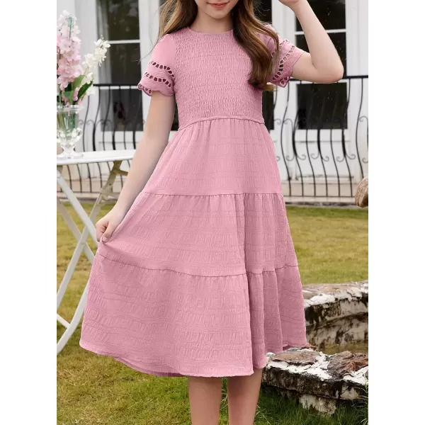 imageblibean Girls Embroidery Short Sleeve Textured Dresses Size 615 YearsPink