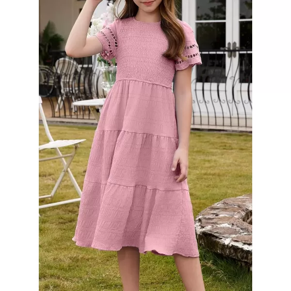 imageblibean Girls Embroidery Short Sleeve Textured Dresses Size 615 YearsPink