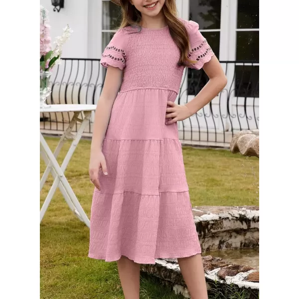 imageblibean Girls Embroidery Short Sleeve Textured Dresses Size 615 YearsPink