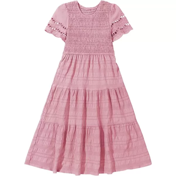 imageblibean Girls Embroidery Short Sleeve Textured Dresses Size 615 YearsPink