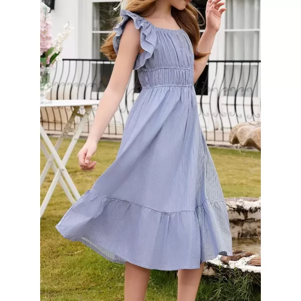 imageblibean Girls Summer Cotton Dresses Tween Ruffle Double Layer Sleeve Sundress Size 615 YearsA Blue