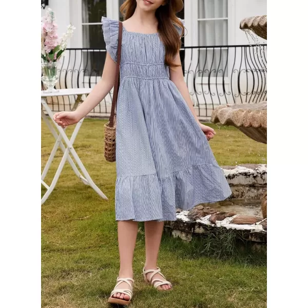 imageblibean Girls Summer Cotton Dresses Tween Ruffle Double Layer Sleeve Sundress Size 615 YearsA Blue