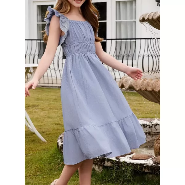 imageblibean Girls Summer Cotton Dresses Tween Ruffle Double Layer Sleeve Sundress Size 615 YearsA Blue