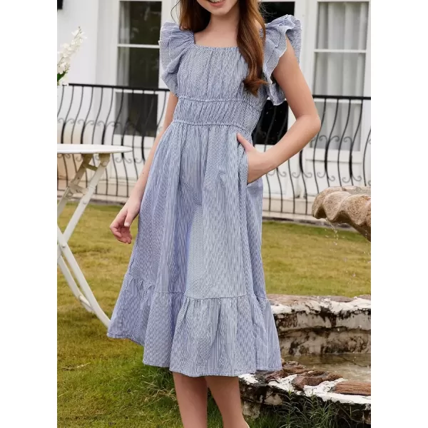 imageblibean Girls Summer Cotton Dresses Tween Ruffle Double Layer Sleeve Sundress Size 615 YearsA Blue