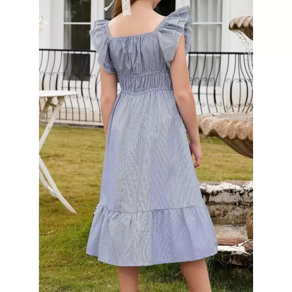 imageblibean Girls Summer Cotton Dresses Tween Ruffle Double Layer Sleeve Sundress Size 615 YearsA Blue
