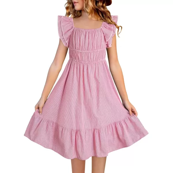 imageblibean Girls Summer Cotton Dresses Tween Ruffle Double Layer Sleeve Sundress Size 615 YearsA Pink