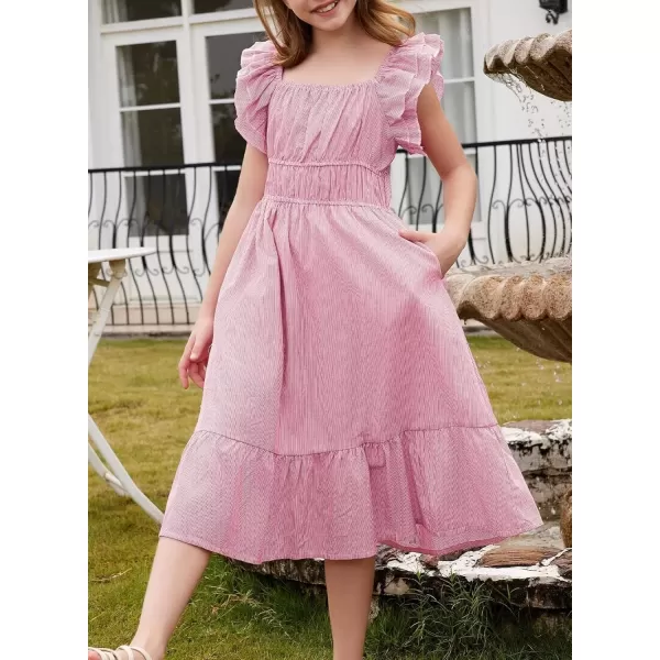 imageblibean Girls Summer Cotton Dresses Tween Ruffle Double Layer Sleeve Sundress Size 615 YearsA Pink