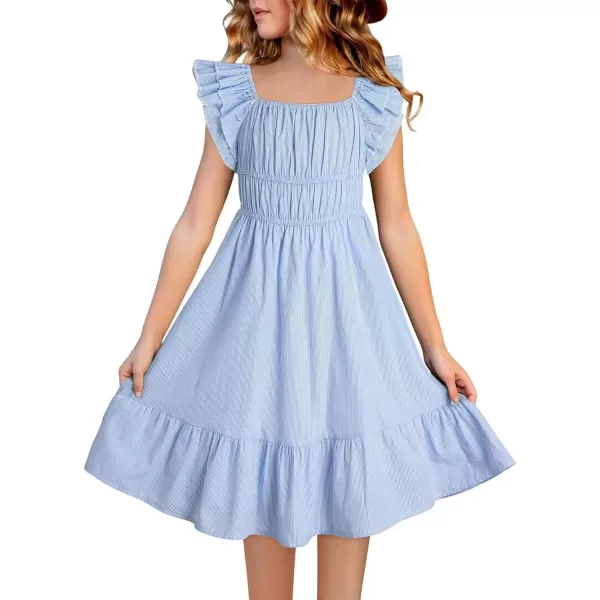 imageblibean Girls Summer Cotton Dresses Tween Ruffle Double Layer Sleeve Sundress Size 615 YearsA Sky Blue