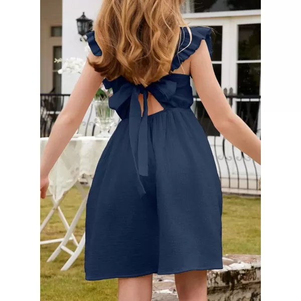 imageblibean Tween Girls 2025 Summer Cotton Dresses Kids Tie Back Sundress Size 615 YearsA Dark Blue
