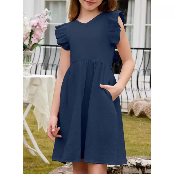 imageblibean Tween Girls 2025 Summer Cotton Dresses Kids Tie Back Sundress Size 615 YearsA Dark Blue