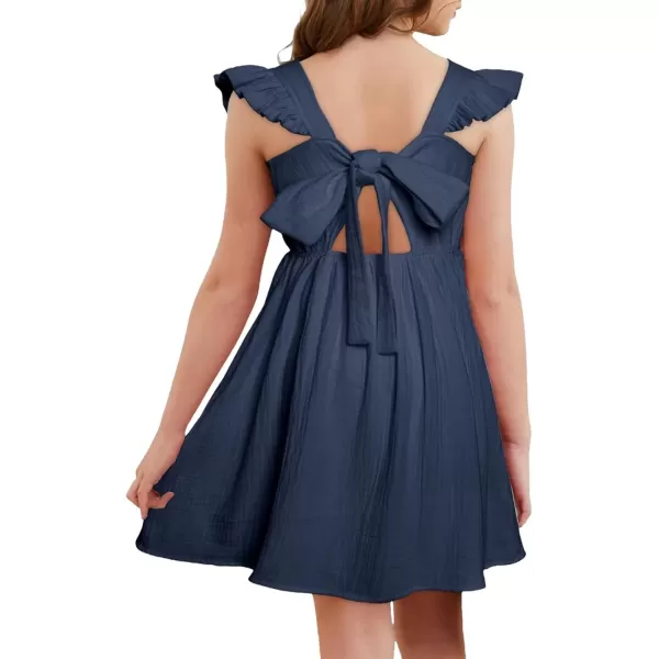 imageblibean Tween Girls 2025 Summer Cotton Dresses Kids Tie Back Sundress Size 615 YearsA Dark Blue
