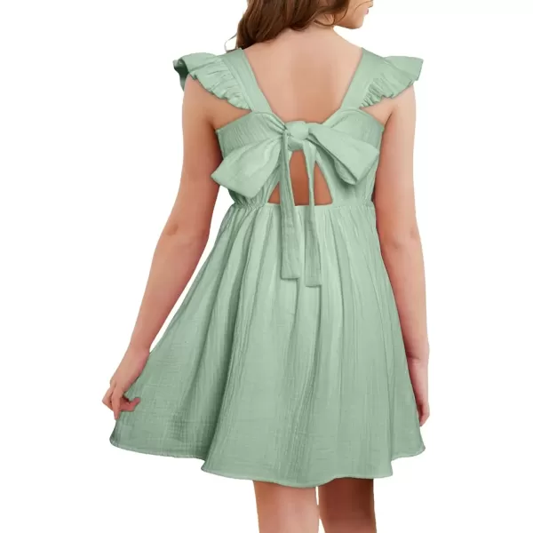 imageblibean Tween Girls 2025 Summer Cotton Dresses Kids Tie Back Sundress Size 615 YearsA Green