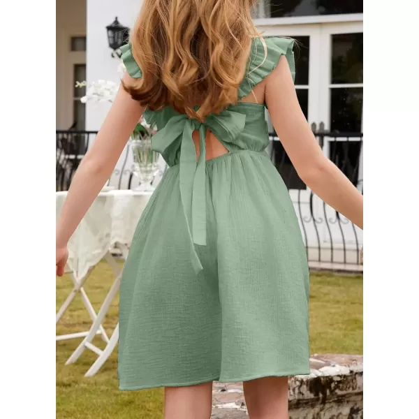 imageblibean Tween Girls 2025 Summer Cotton Dresses Kids Tie Back Sundress Size 615 YearsA Green