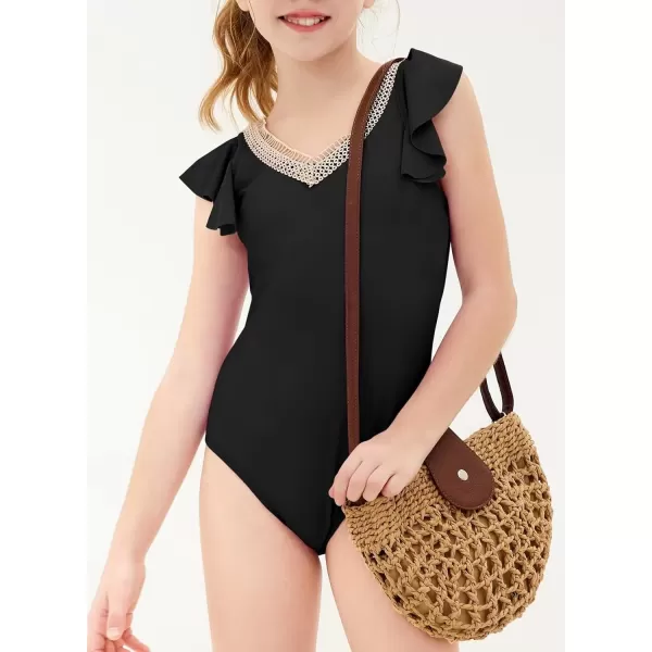 imageblibean Girls 2025 Swimwear One Piece Swimsuit Kids Ruffle Removable Pad Bathing Suits Size 615 YearsA Black