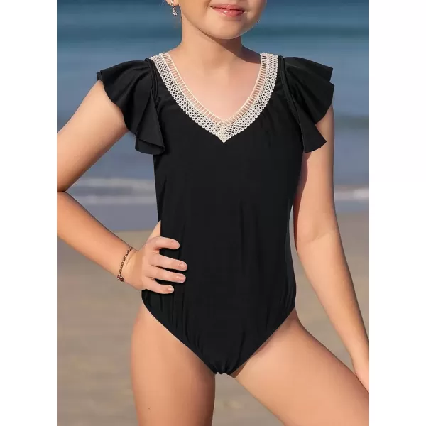 imageblibean Girls 2025 Swimwear One Piece Swimsuit Kids Ruffle Removable Pad Bathing Suits Size 615 YearsA Black