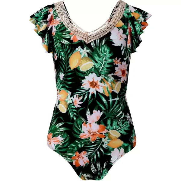 imageblibean Girls 2025 Swimwear One Piece Swimsuit Kids Ruffle Removable Pad Bathing Suits Size 615 YearsA Floral Green