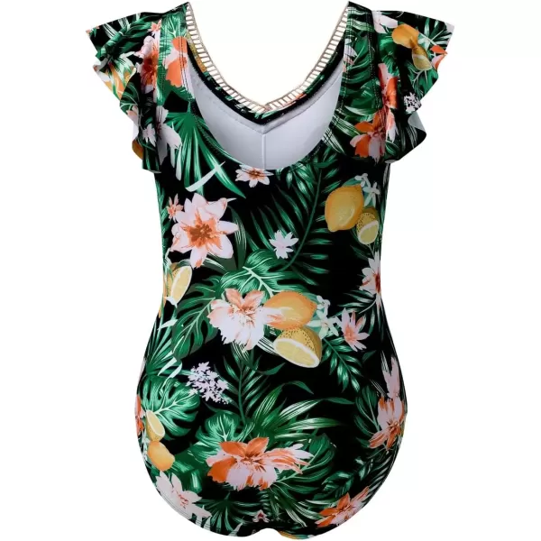 imageblibean Girls 2025 Swimwear One Piece Swimsuit Kids Ruffle Removable Pad Bathing Suits Size 615 YearsA Floral Green
