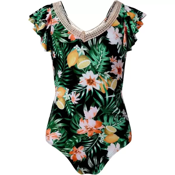 imageblibean Girls 2025 Swimwear One Piece Swimsuit Kids Ruffle Removable Pad Bathing Suits Size 615 YearsA Floral Green