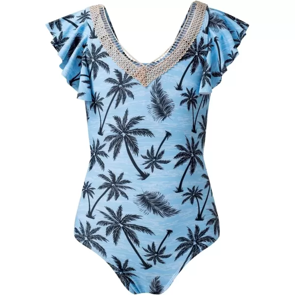 imageblibean Girls 2025 Swimwear One Piece Swimsuit Kids Ruffle Removable Pad Bathing Suits Size 615 YearsA Hawaiian Blue