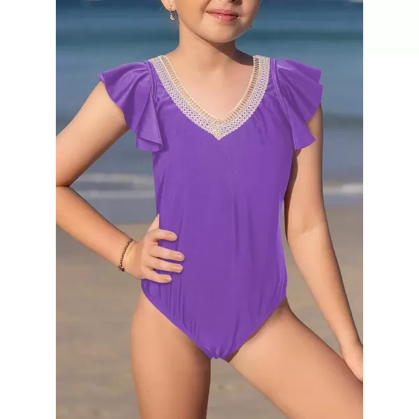 imageblibean Girls 2025 Swimwear One Piece Swimsuit Kids Ruffle Removable Pad Bathing Suits Size 615 YearsA Purple