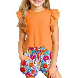 imageblibean Girls 2025 Summer Clothes Set Teen Hawaiian Shorts Outfit Size 615 YearsA Orange