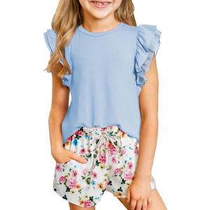 imageblibean Girls 2025 Summer Clothes Set Teen Hawaiian Shorts Outfit Size 615 YearsA Sky Blue