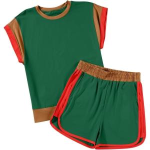 imageblibean Girls 2025 Summer Clothes Sets Kids Colorblock Matching Outfits Size 615 YearsA Green
