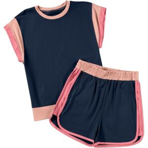imageblibean Girls 2025 Summer Clothes Sets Kids Colorblock Matching Outfits Size 615 YearsA Navy Blue