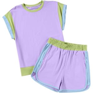 imageblibean Girls 2025 Summer Clothes Sets Kids Colorblock Matching Outfits Size 615 YearsA Purple