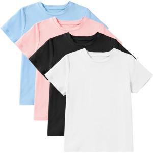 imageblibean 4 Pack Summer Girls Shirts Cotton Soft Kids Short Sleeve Clothes Size 615 YearWhite Black Pink Blue