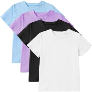 imageblibean 4 Pack Summer Girls Shirts Cotton Soft Kids Short Sleeve Clothes Size 615 YearWhite Black Purple Blue